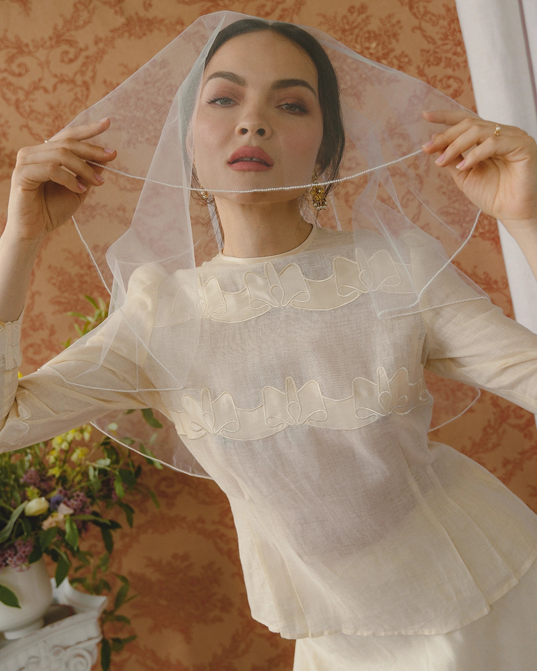 Vintage Linen Skirt Set With Silk Appliqué Bow Motif