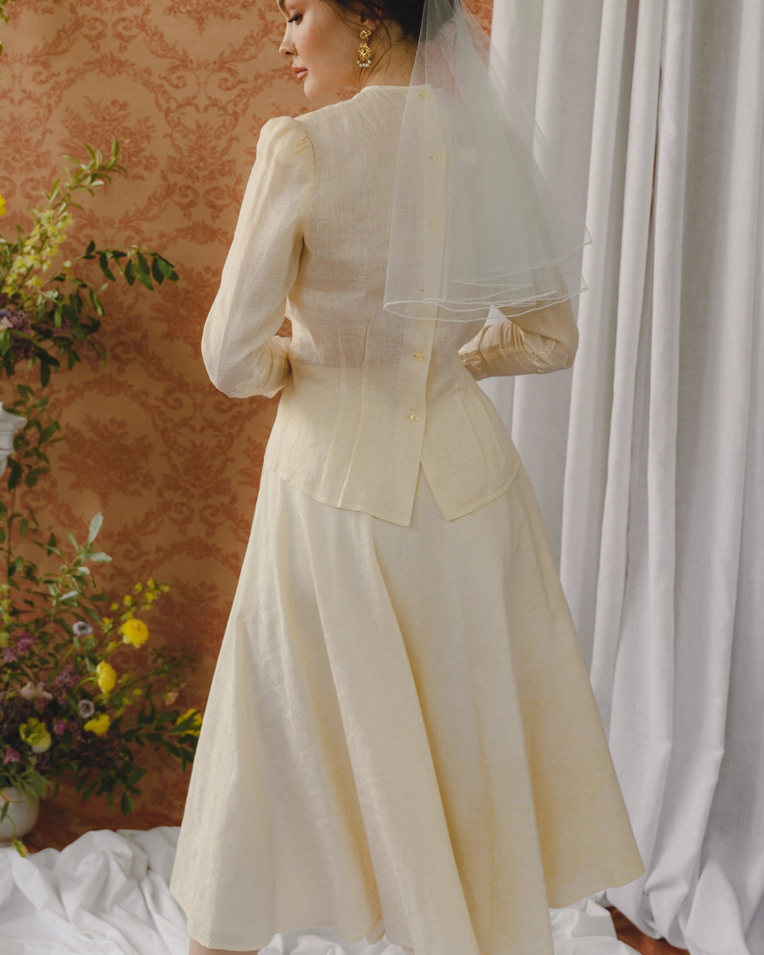 Vintage Linen Skirt Set With Silk Appliqué Bow Motif
