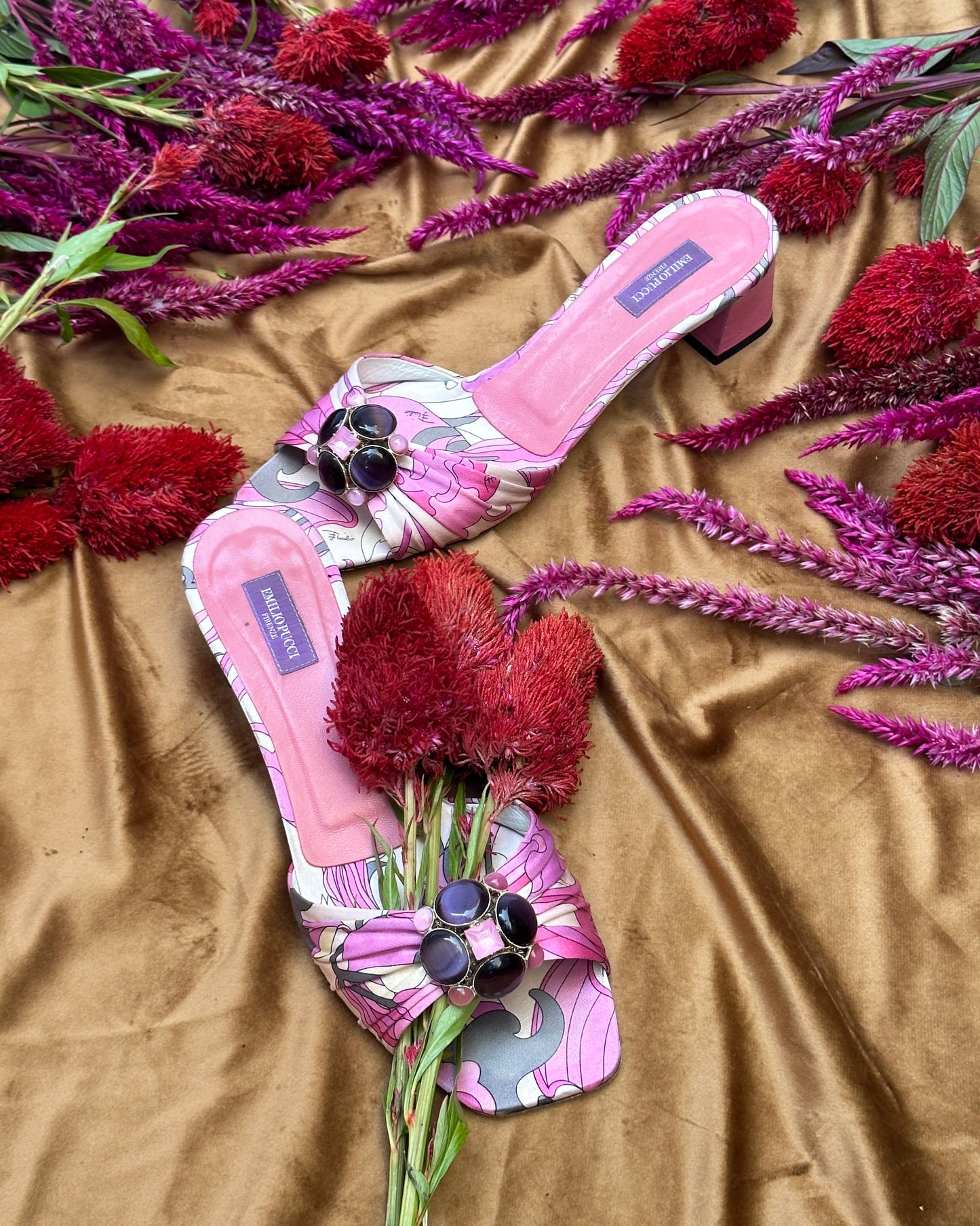 Vintage Emilio Pucci Satin Printed Embellished Slides