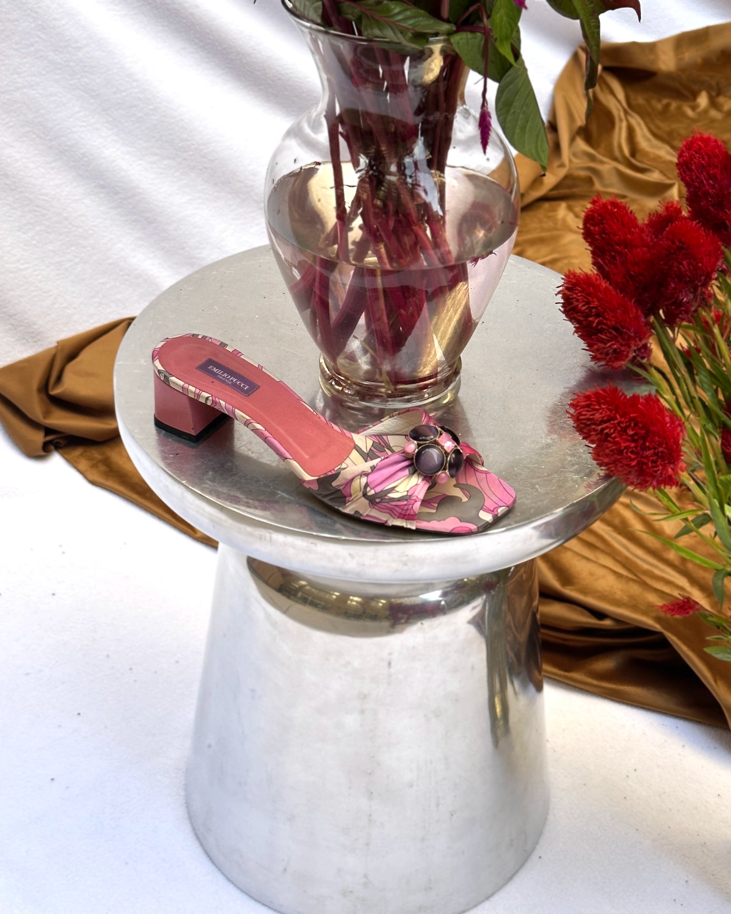 Vintage Emilio Pucci Satin Printed Embellished Slides