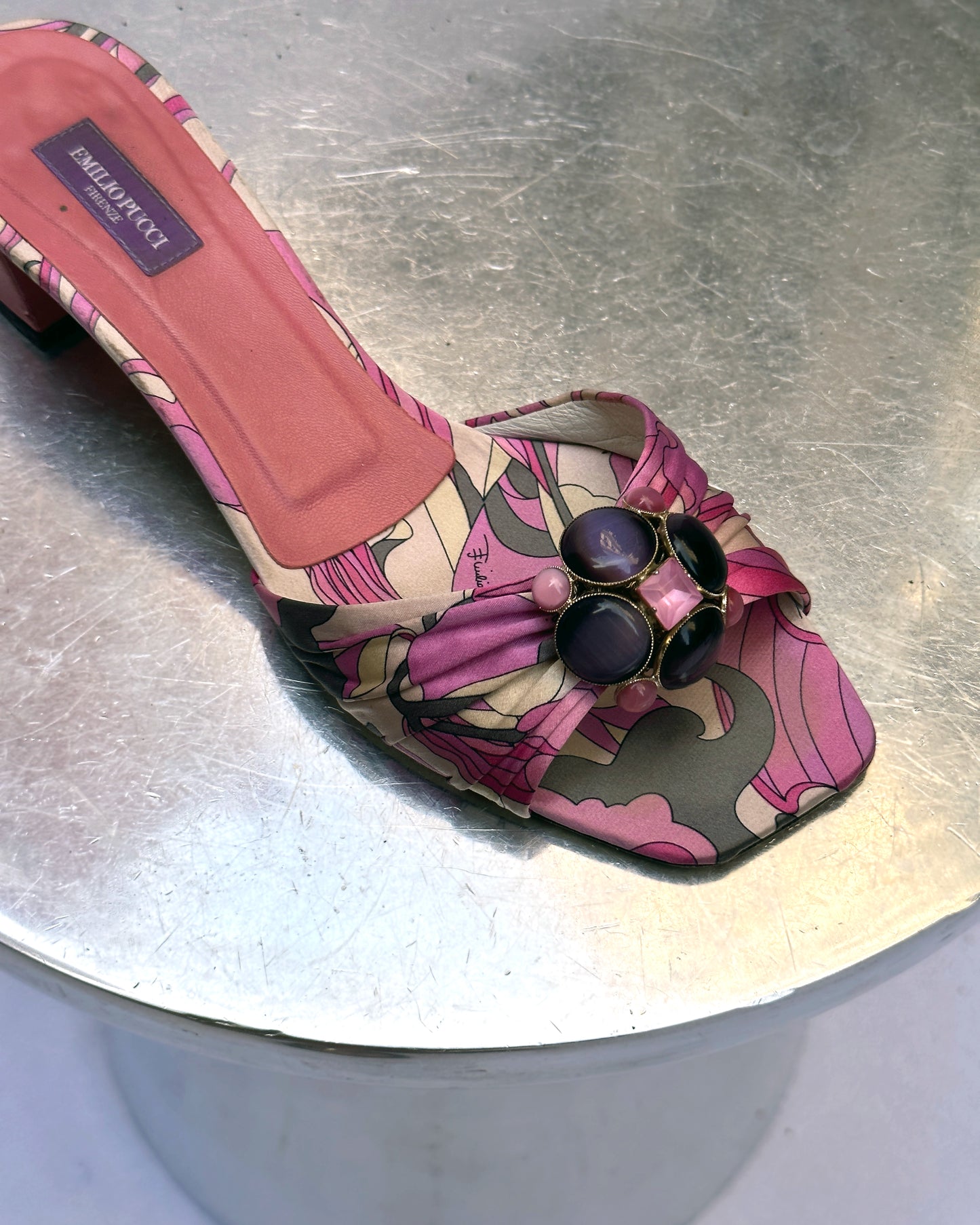 Vintage Emilio Pucci Satin Printed Embellished Slides