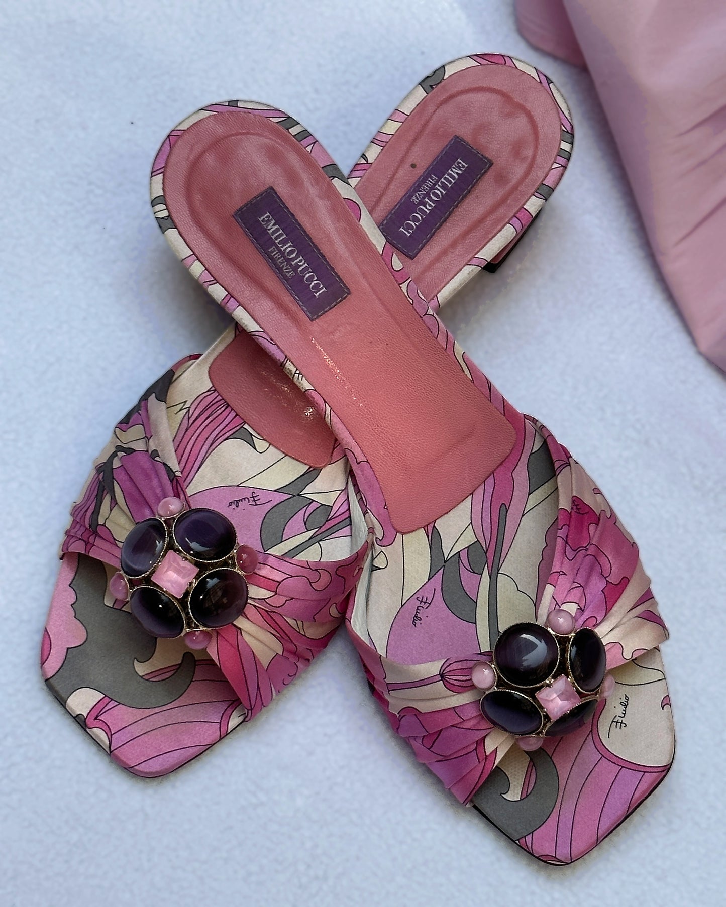 Vintage Emilio Pucci Satin Printed Embellished Slides