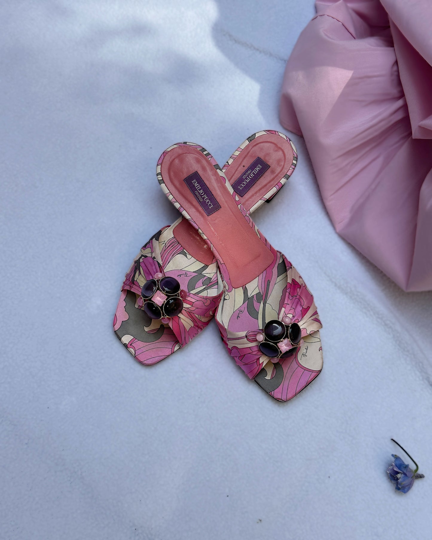 Vintage Emilio Pucci Satin Printed Embellished Slides