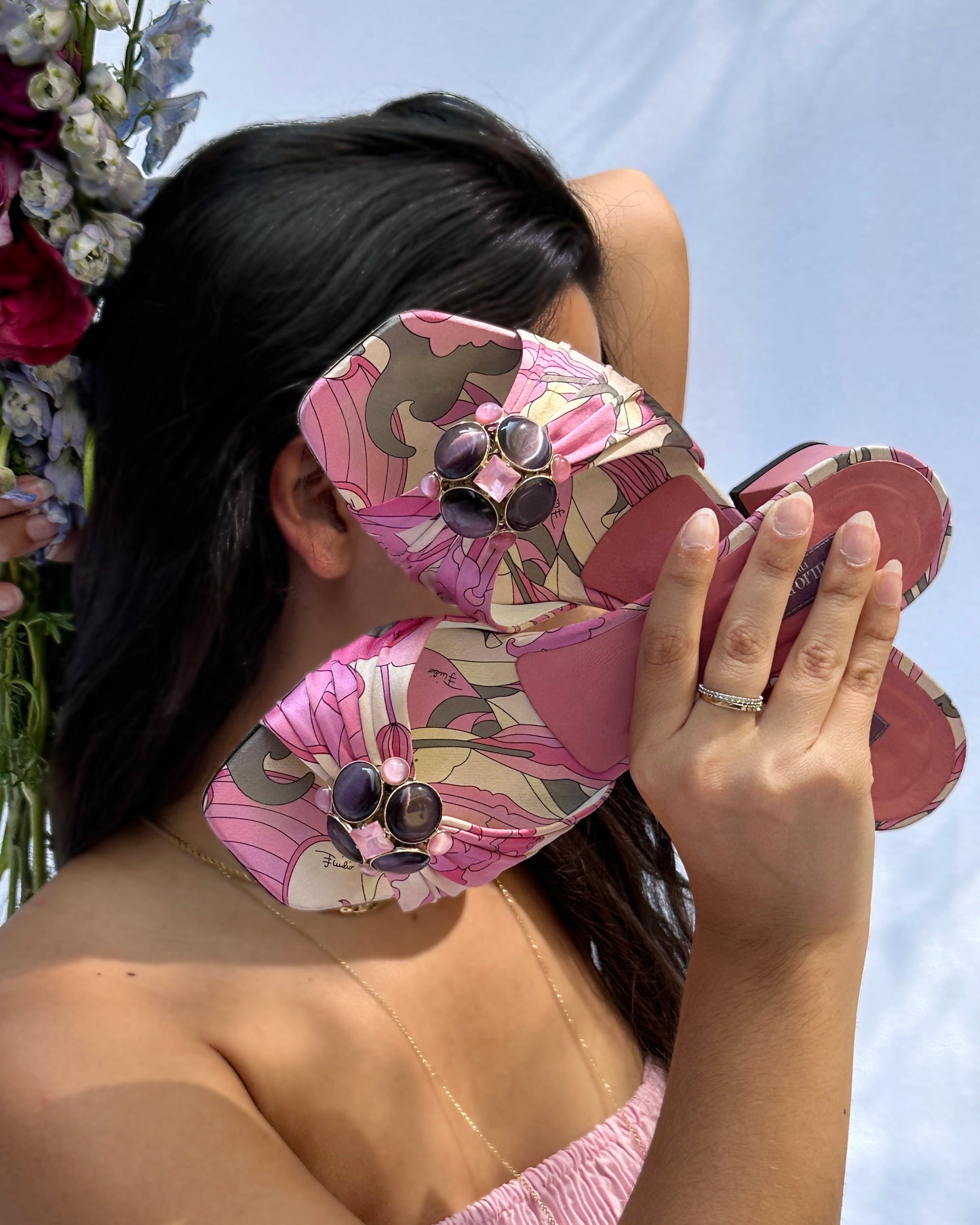 Vintage Emilio Pucci Satin Printed Embellished Slides