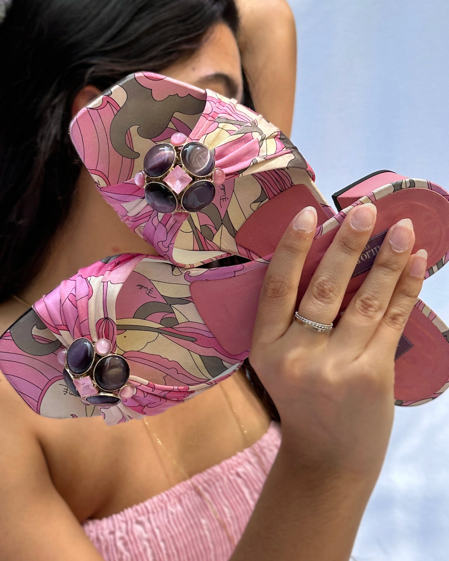 Vintage Emilio Pucci Satin Printed Embellished Slides