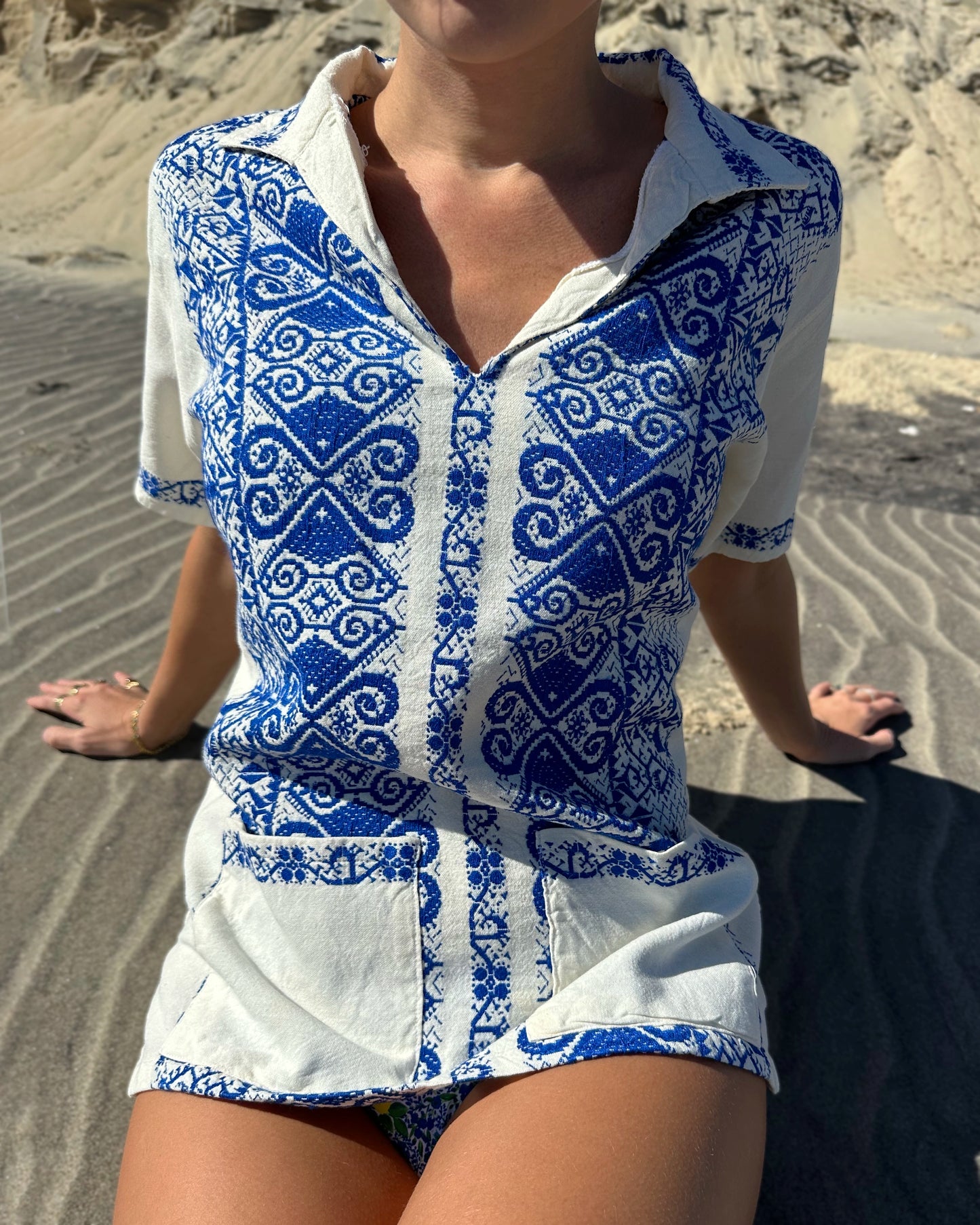 Vintage Greek Embroidered Split Neck Shirt