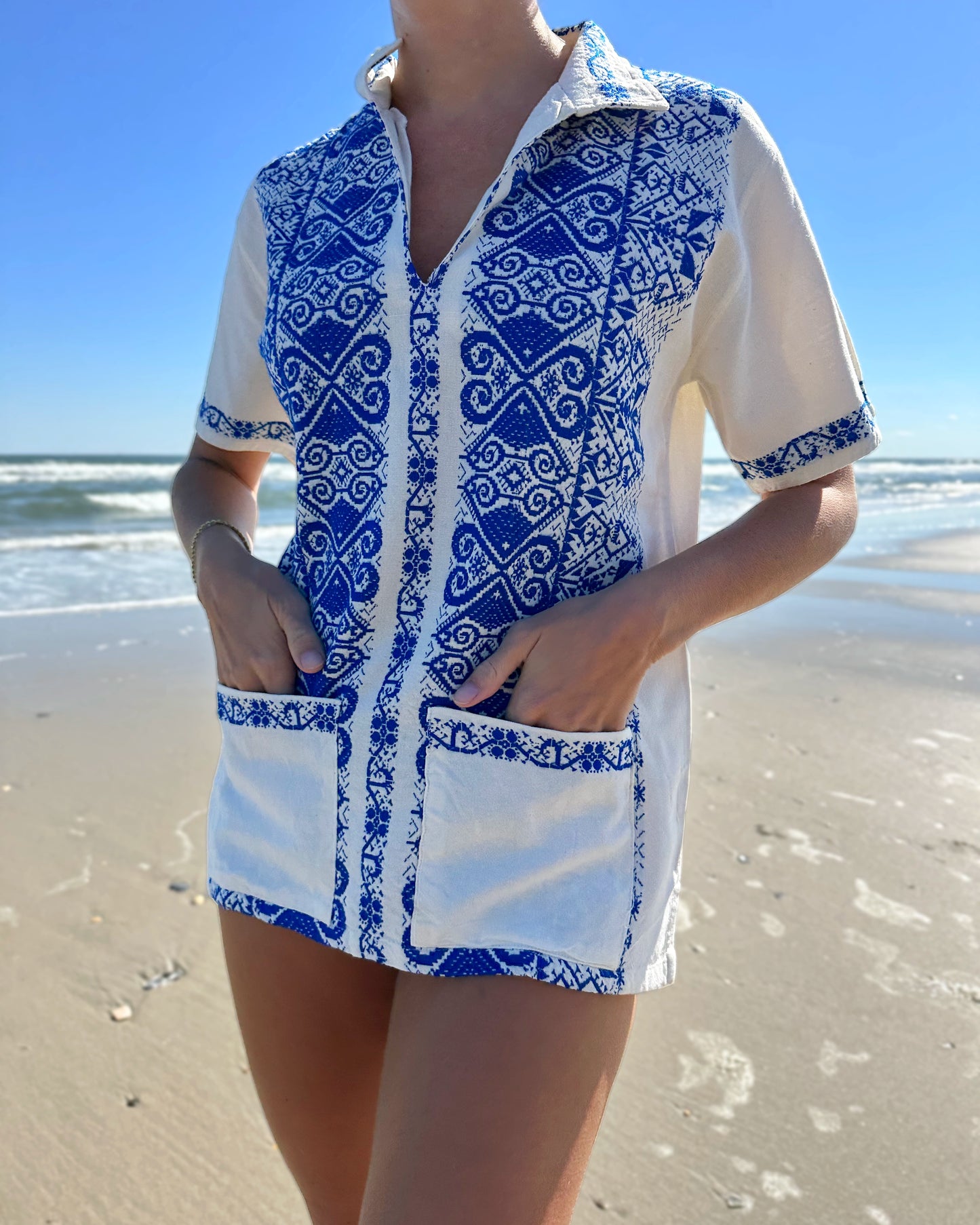 Vintage Greek Embroidered Split Neck Shirt