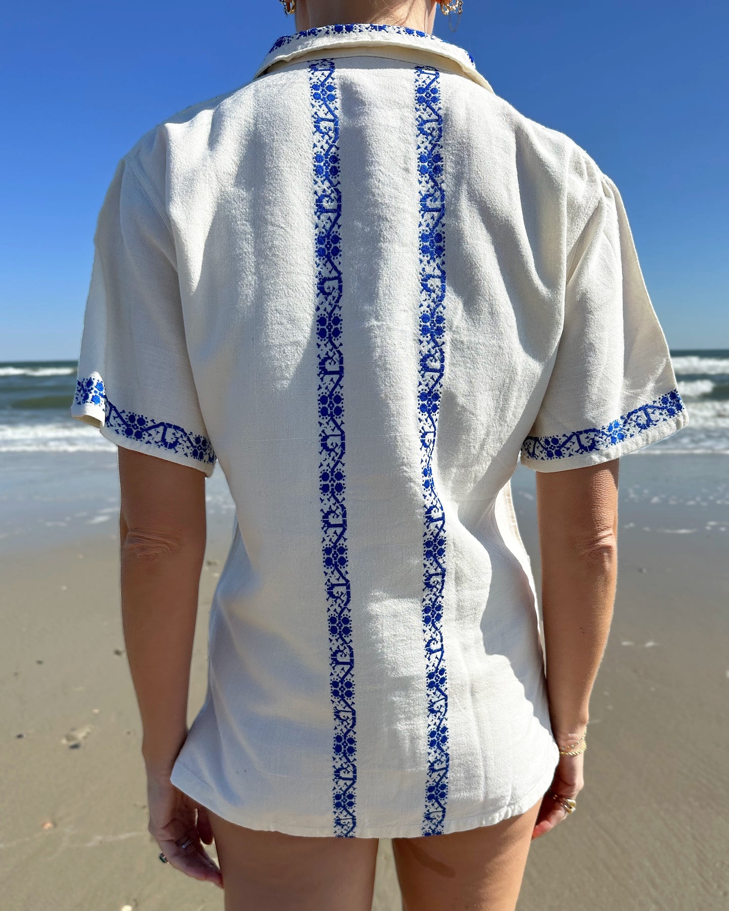 Vintage Greek Embroidered Split Neck Shirt