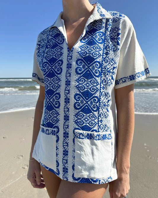 Vintage Greek Embroidered Split Neck Shirt