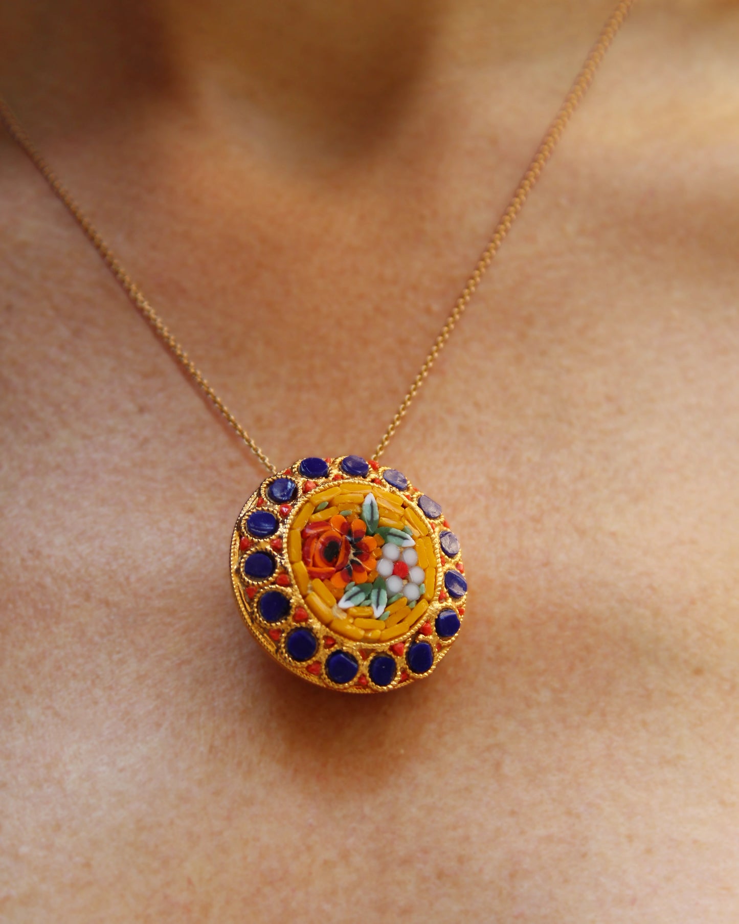 1930s Italian Micro-Mosaic Floral Medallion Pendant