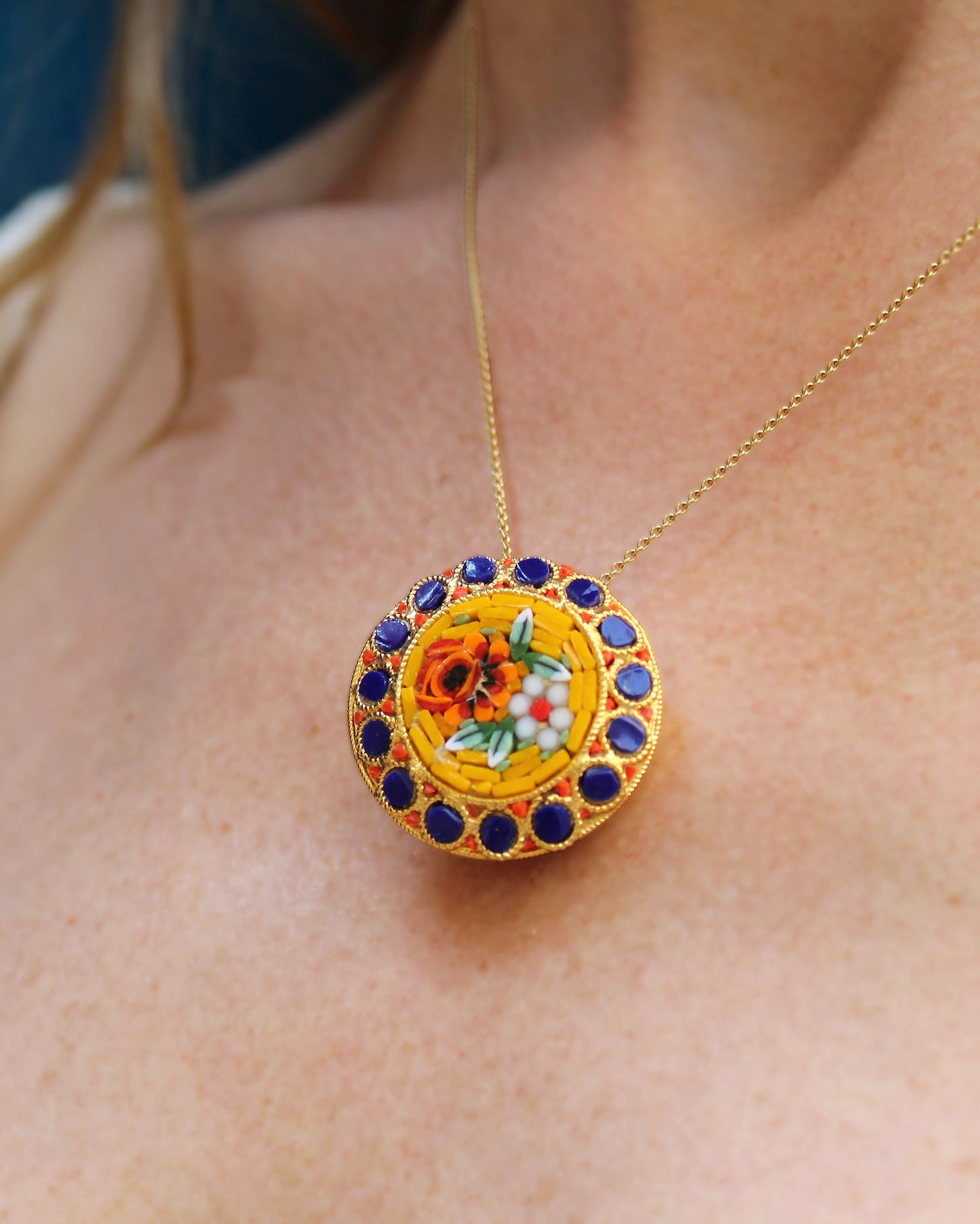 1930s Italian Micro-Mosaic Floral Medallion Pendant