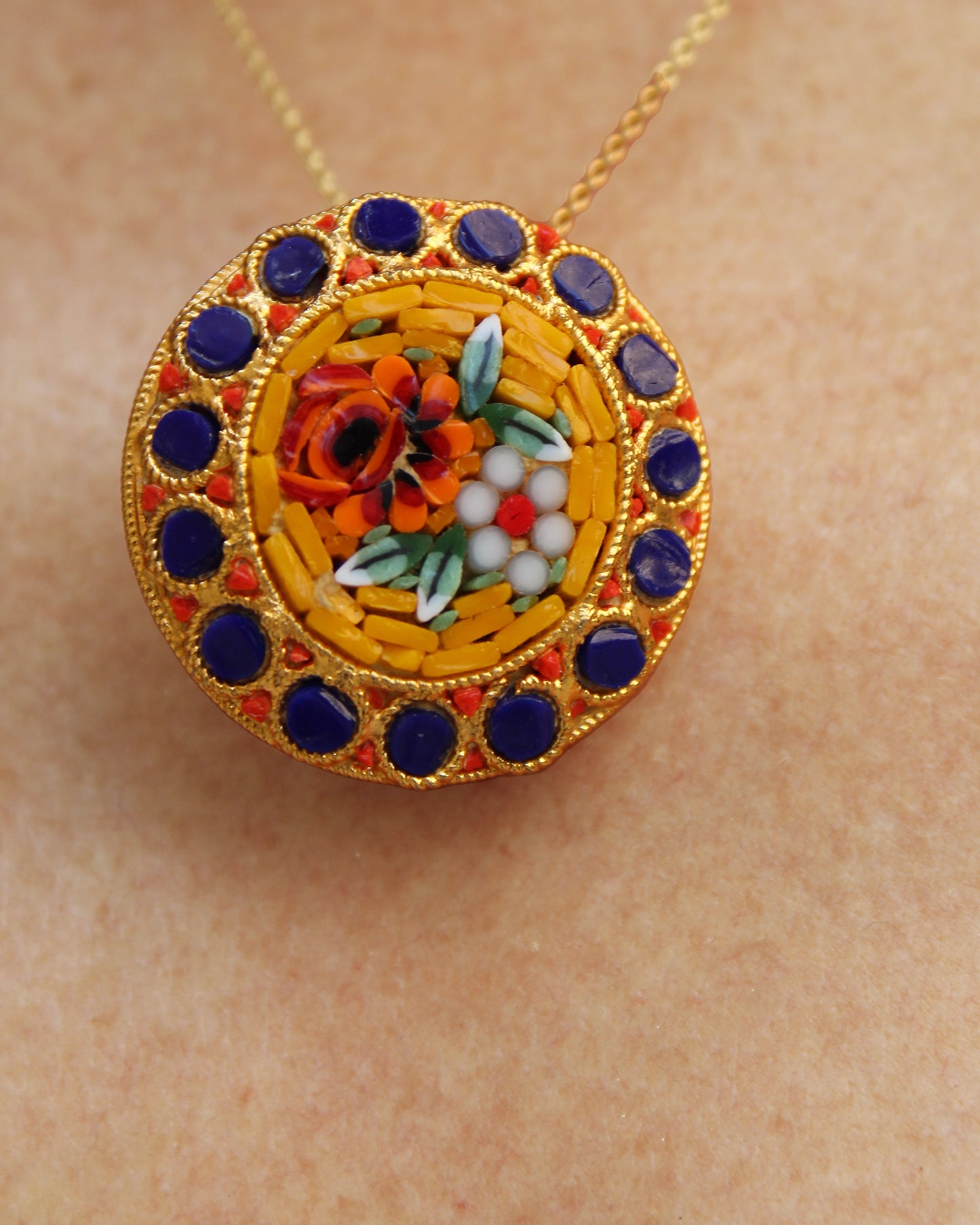 1930s Italian Micro-Mosaic Floral Medallion Pendant