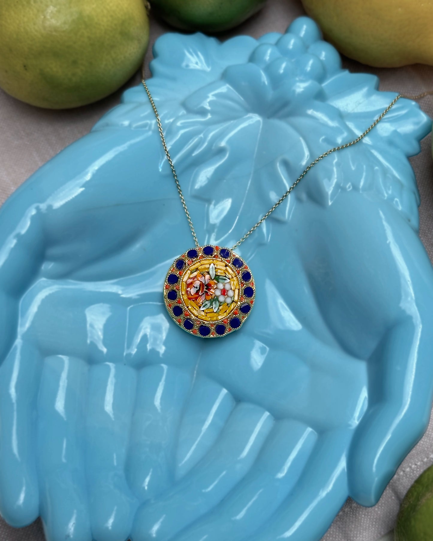 1930s Italian Micro-Mosaic Floral Medallion Pendant