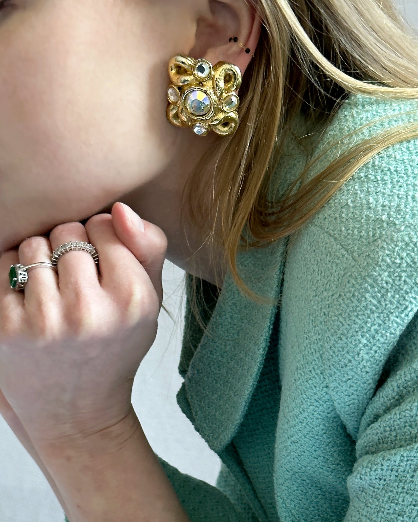 Vintage Jacky De G Signed Gold Cluster Earclips