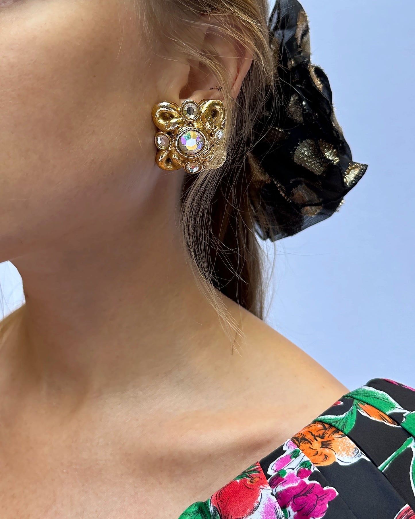 Vintage Jacky De G Signed Gold Cluster Earclips