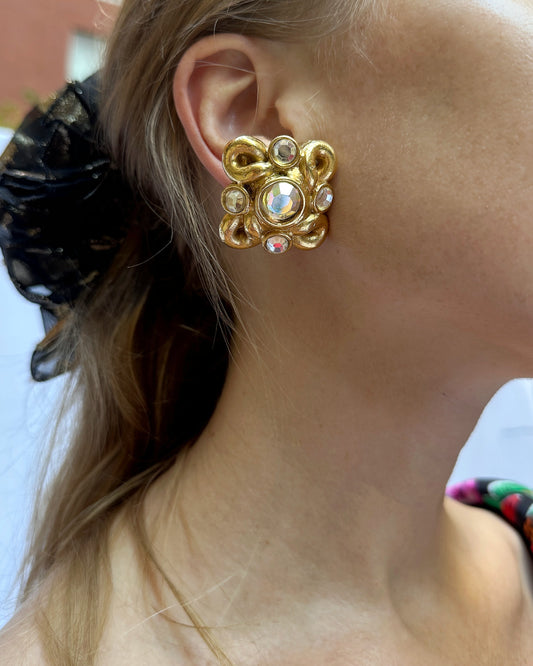 Vintage Jacky De G Signed Gold Cluster Earclips