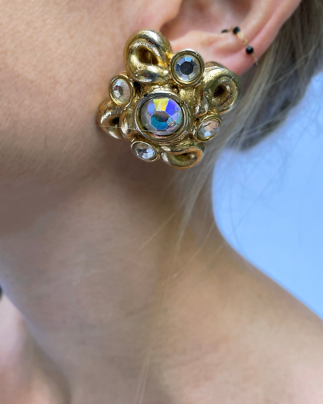 Vintage Jacky De G Signed Gold Cluster Earclips