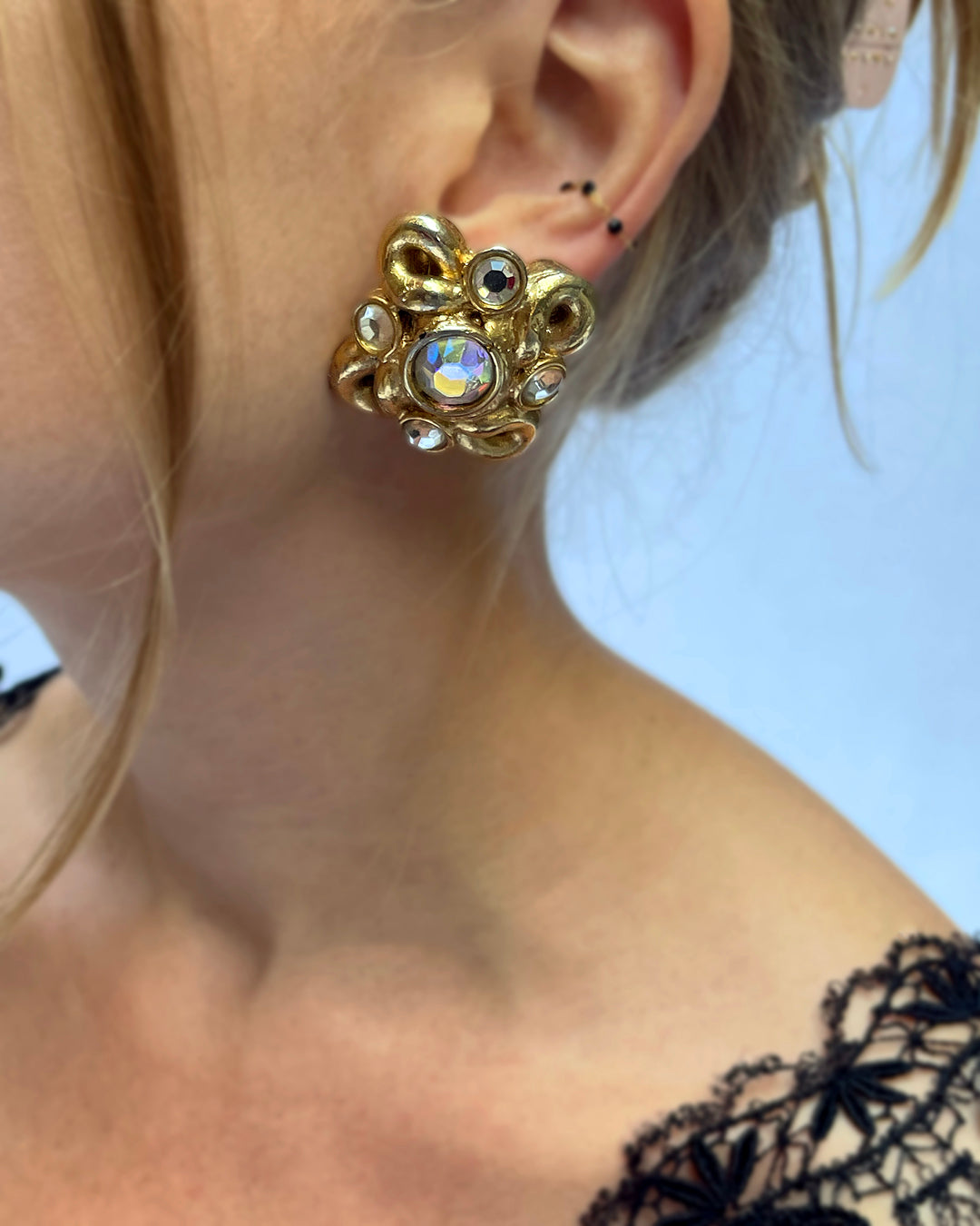 Vintage Jacky De G Signed Gold Cluster Earclips