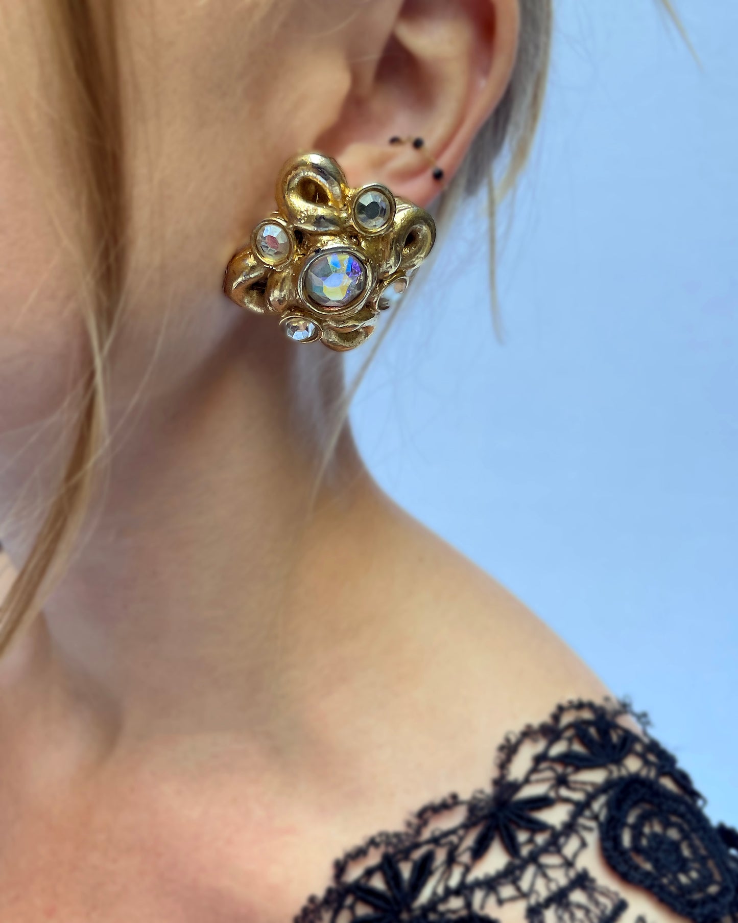 Vintage Jacky De G Signed Gold Cluster Earclips