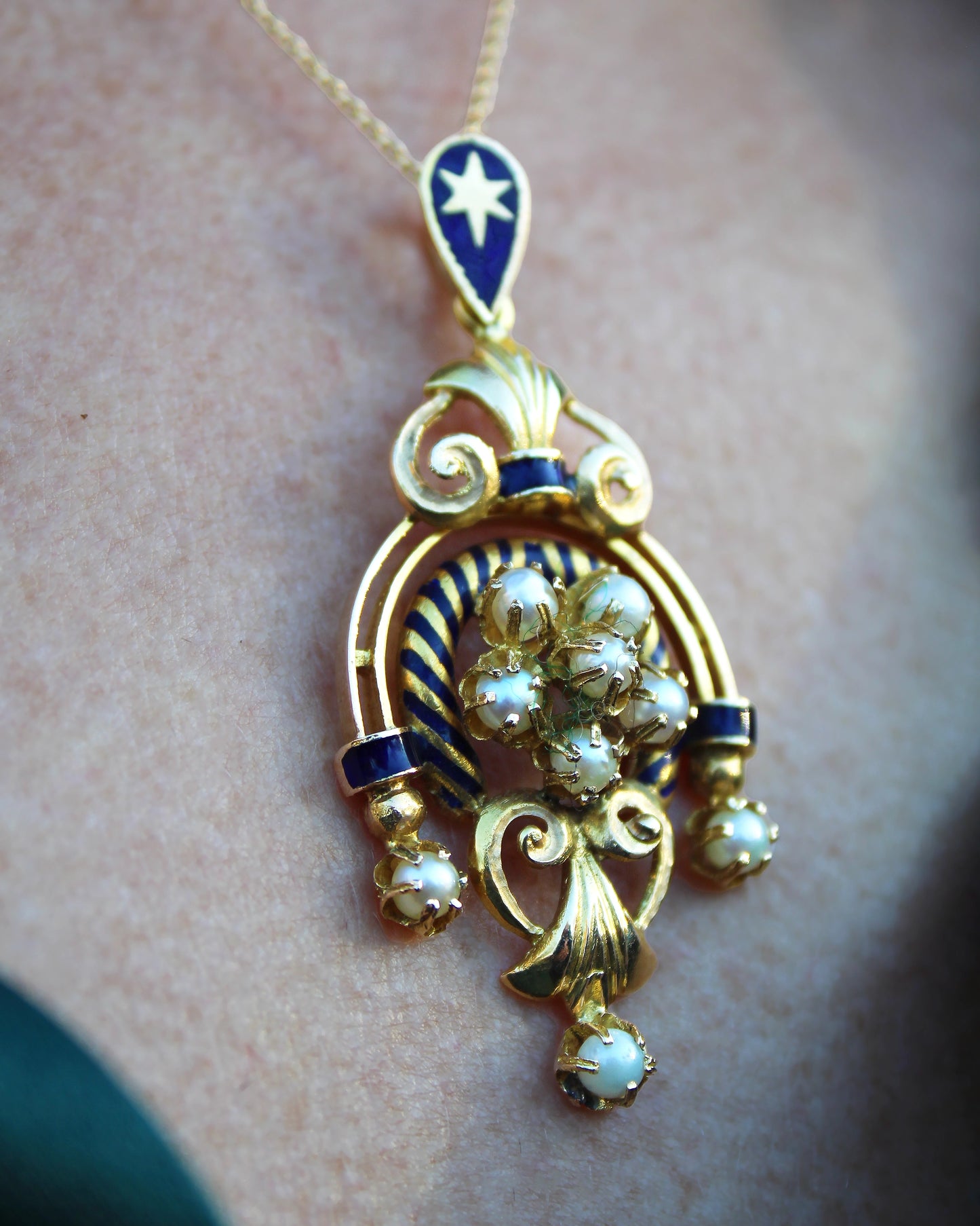 Vintage European 14k Gold Enamel Lavalier Pendant With Seed Pearls