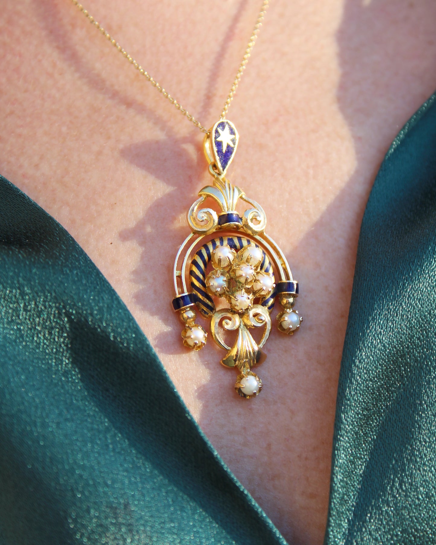 Vintage European 14k Gold Enamel Lavalier Pendant With Seed Pearls