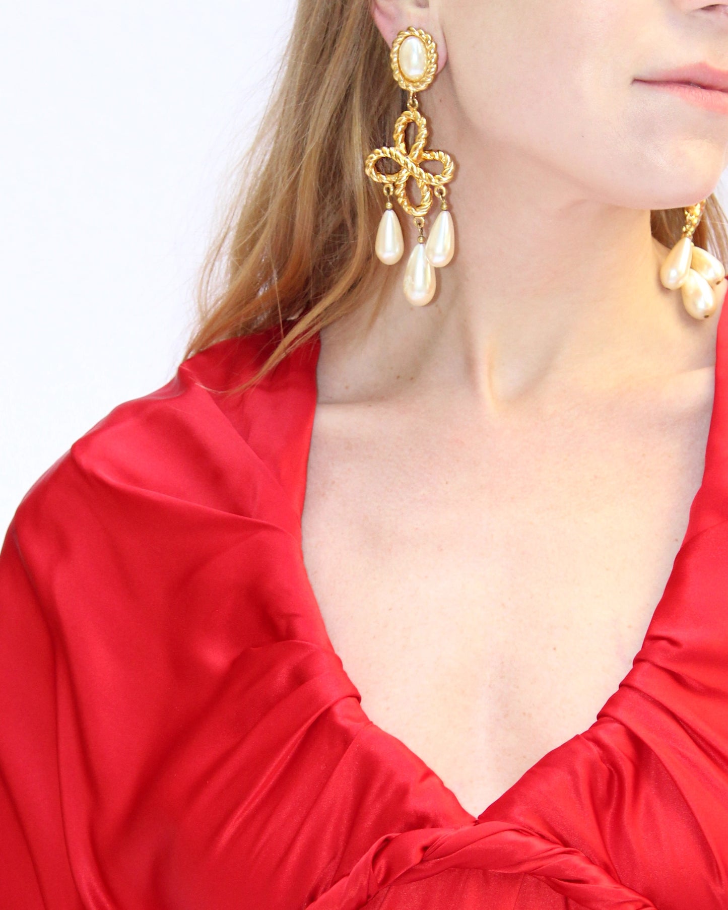 Vintage Les Bernard Gold + Pearl Chandelier Earrings
