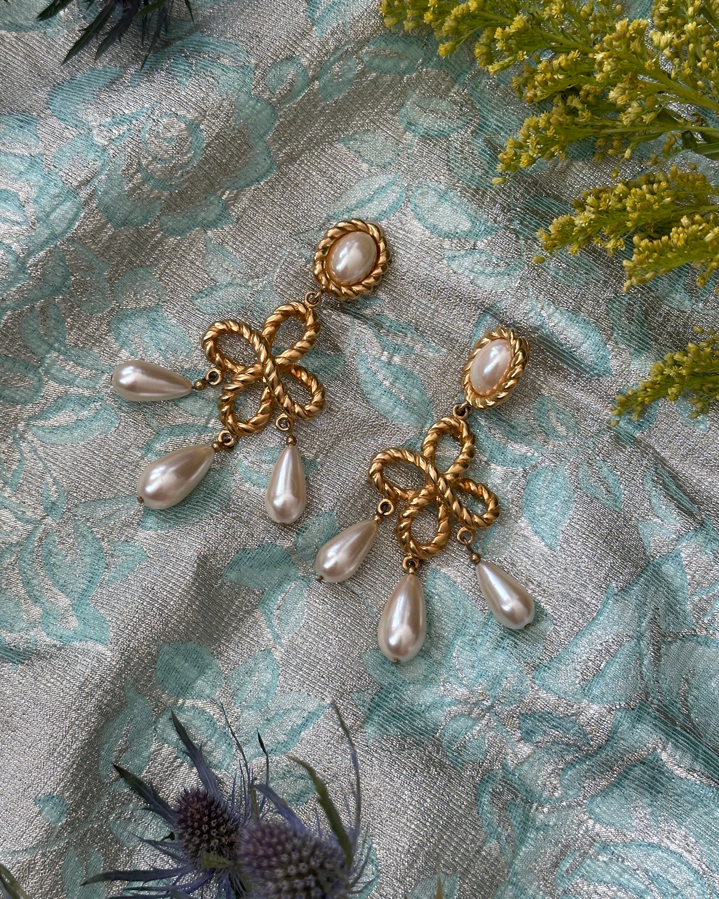 Vintage Les Bernard Gold + Pearl Chandelier Earrings