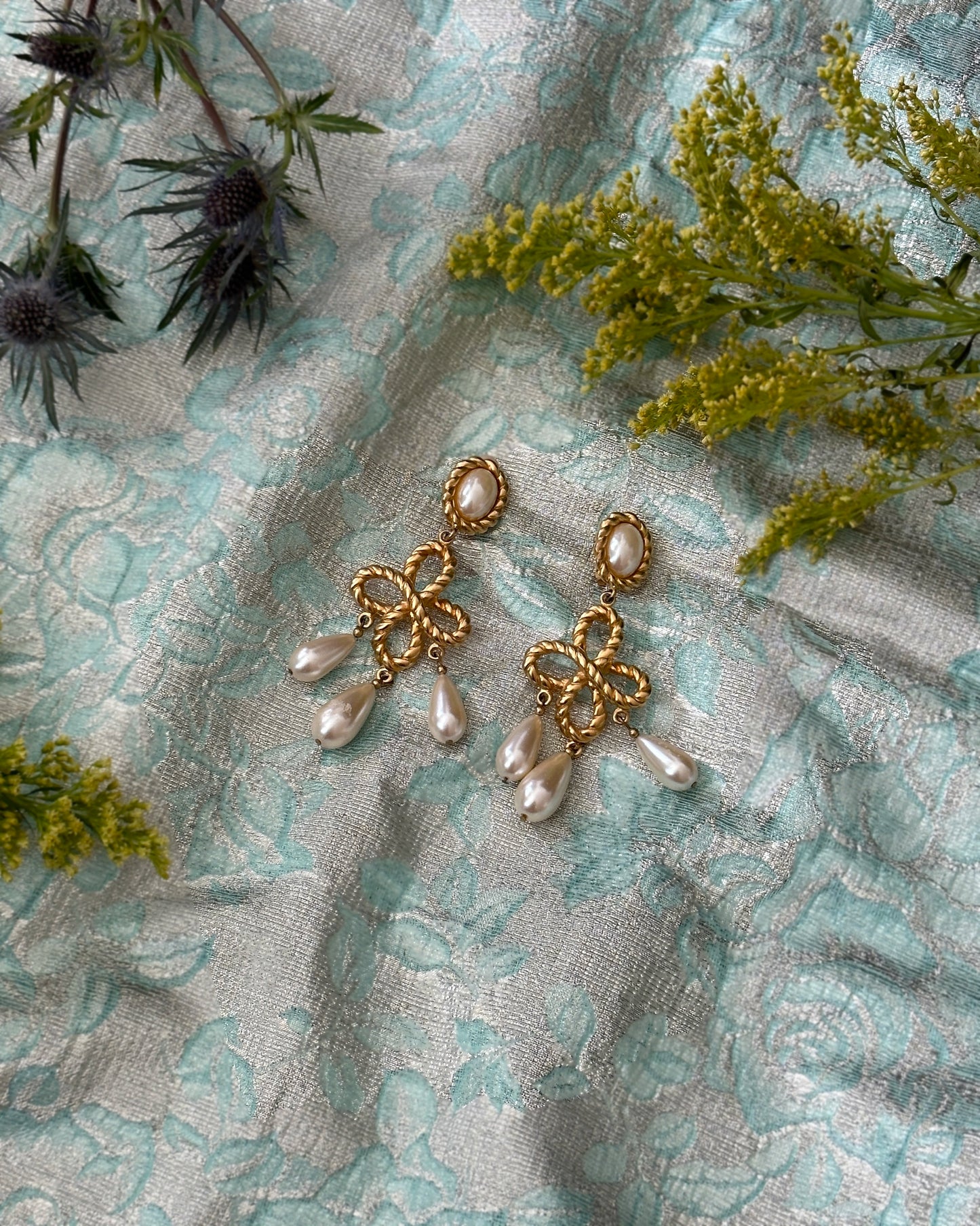 Vintage Les Bernard Gold + Pearl Chandelier Earrings