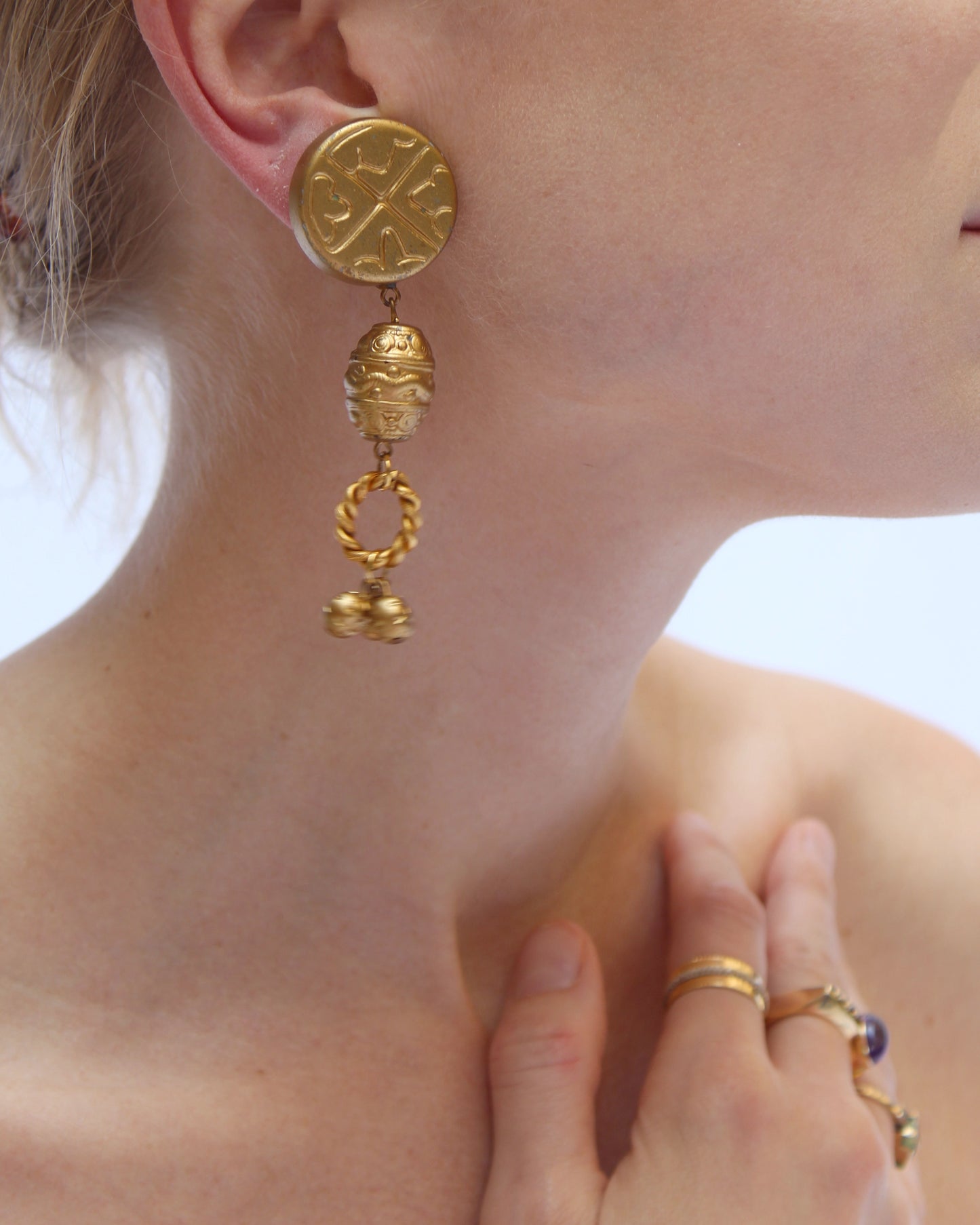 Vintage Les Bernard Gold Etruscan Statement Earrings