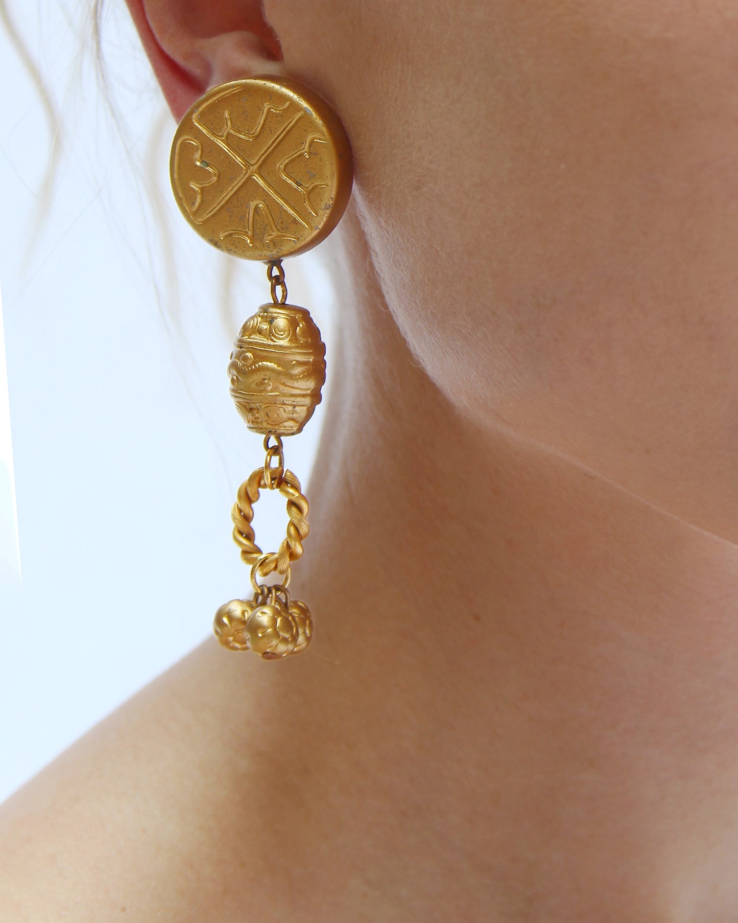 Vintage Les Bernard Gold Etruscan Statement Earrings