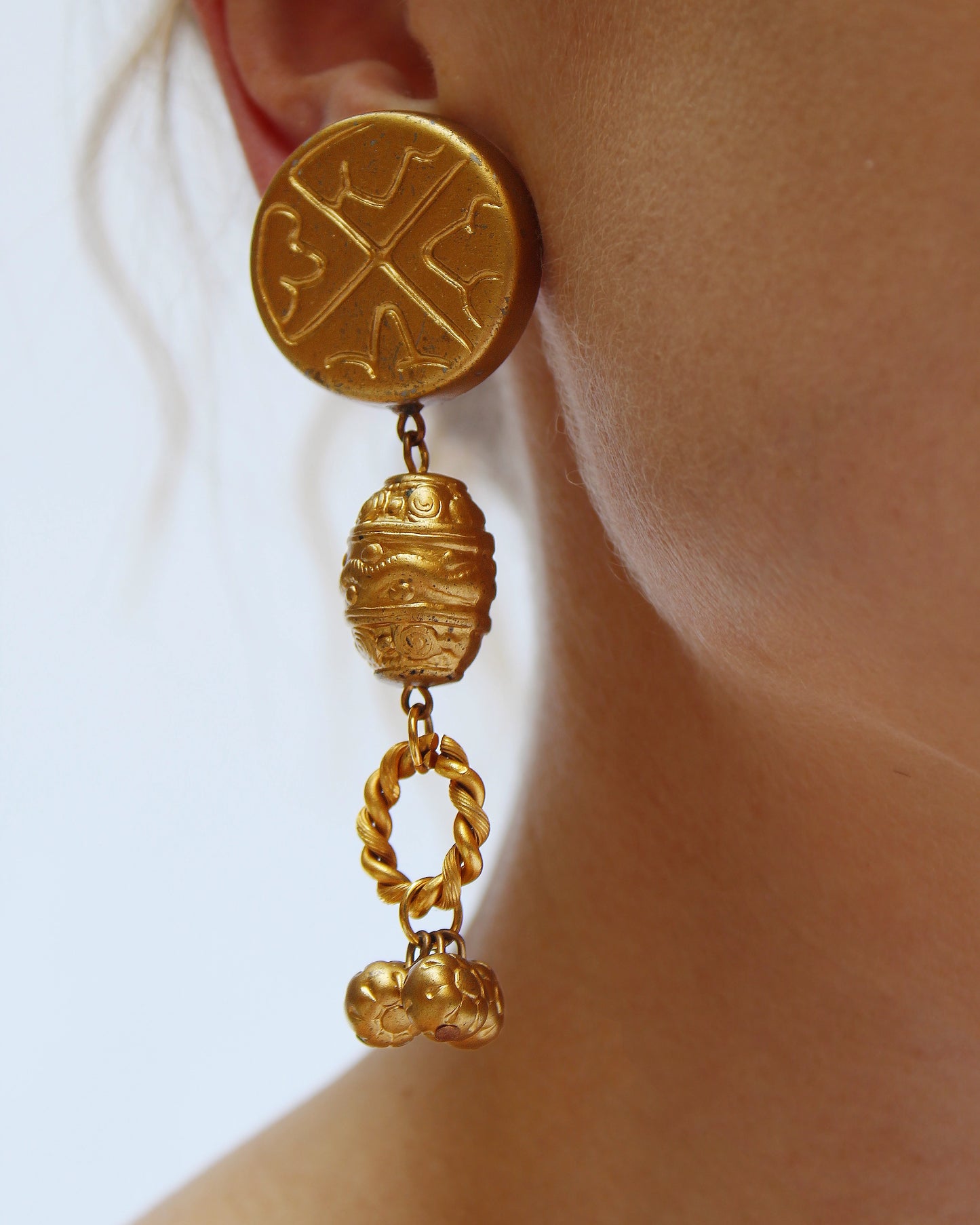 Vintage Les Bernard Gold Etruscan Statement Earrings