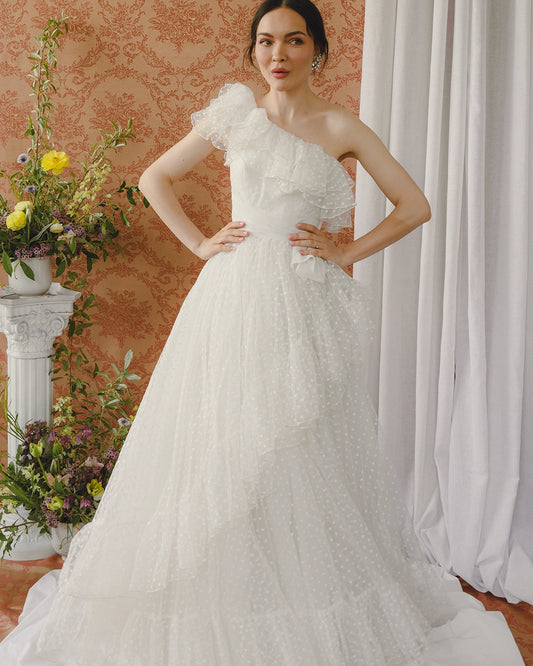 Vintage 1950s Tulle One-Shoulder Gown