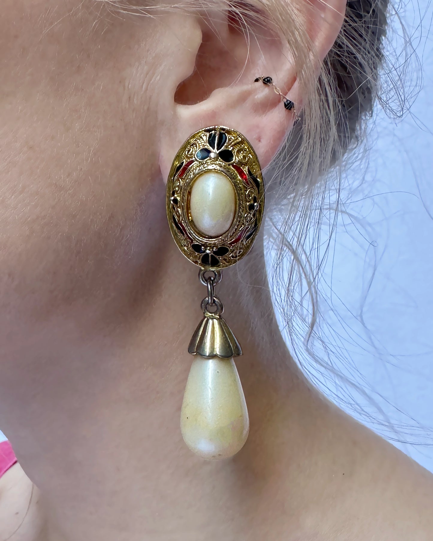 Vintage Enameled Gold Pearl Drop Standard Earrings