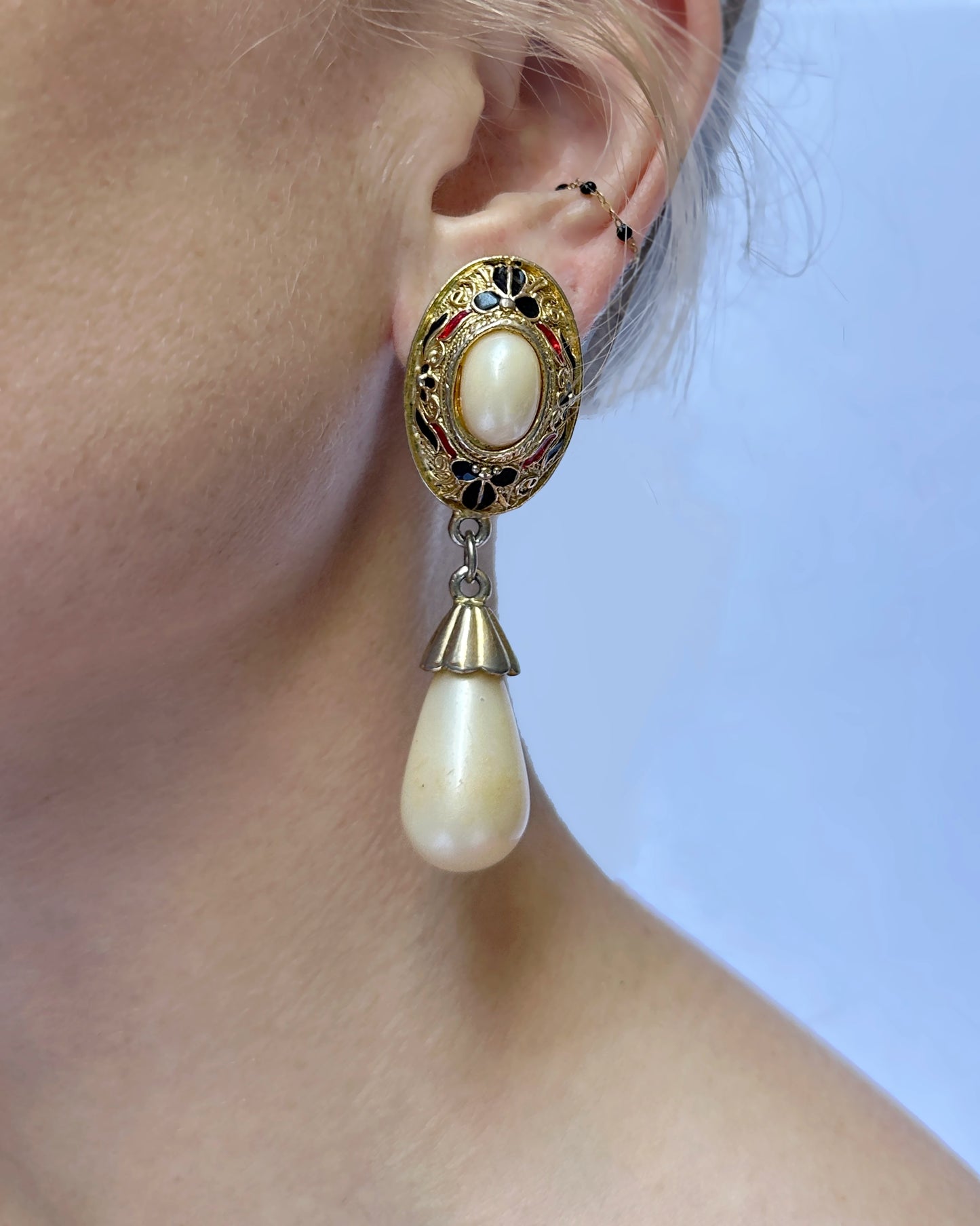 Vintage Enameled Gold Pearl Drop Standard Earrings