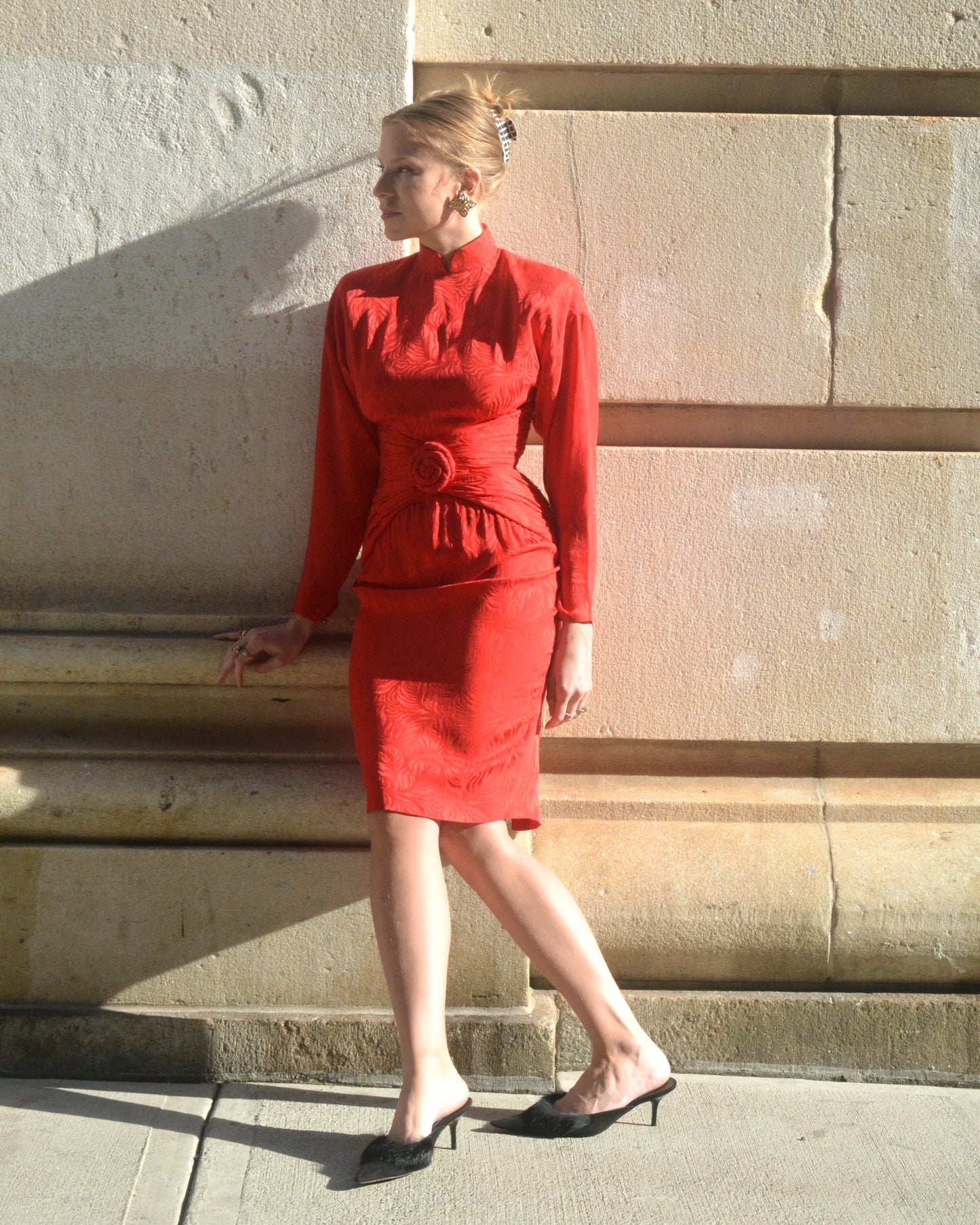 Vintage Red Silk Long-Sleeve Wiggle Dress