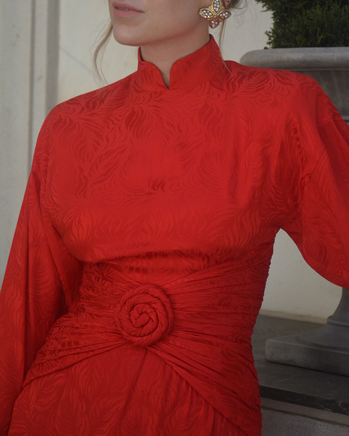 Vintage Red Silk Long-Sleeve Wiggle Dress