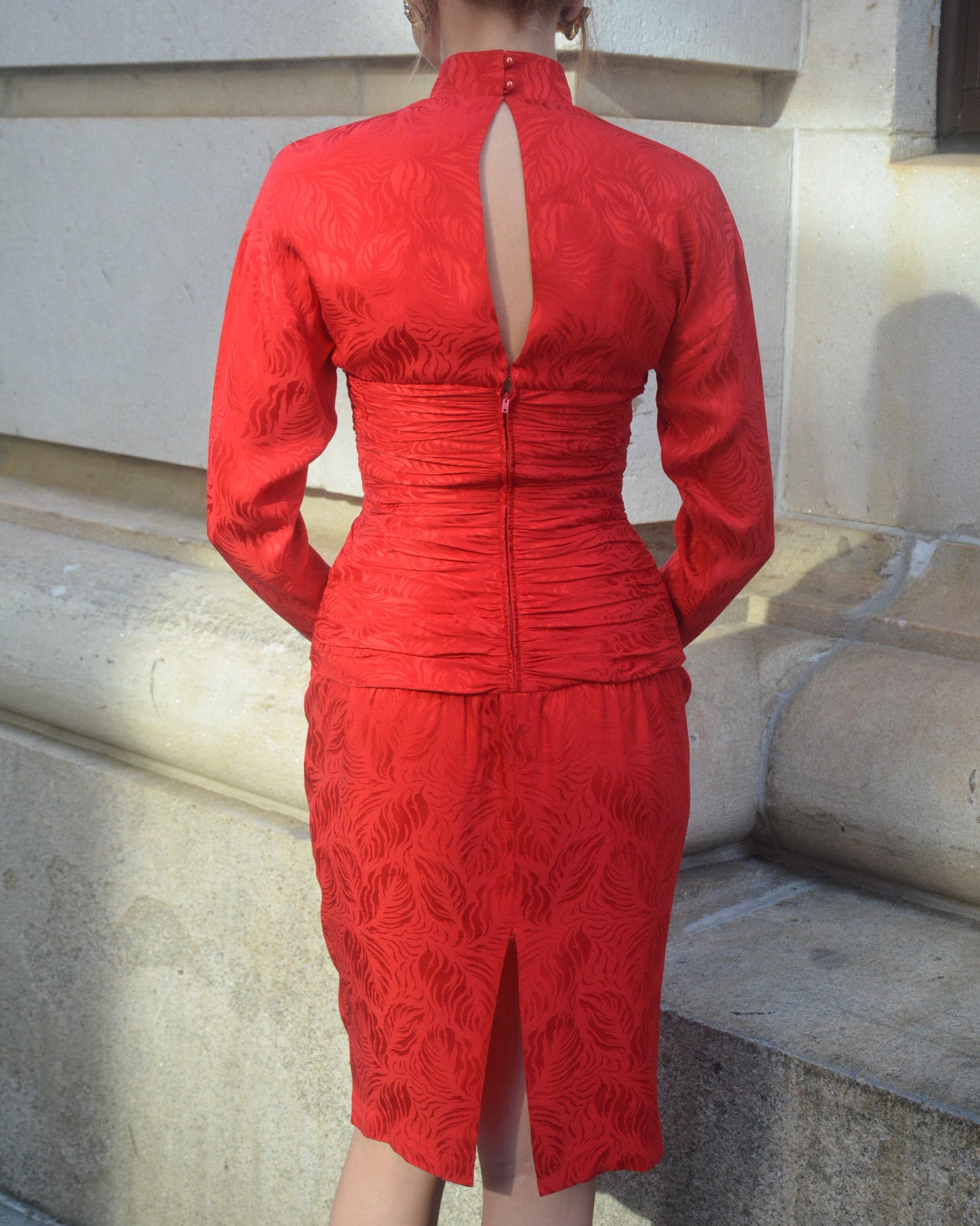 Vintage Red Silk Long-Sleeve Wiggle Dress