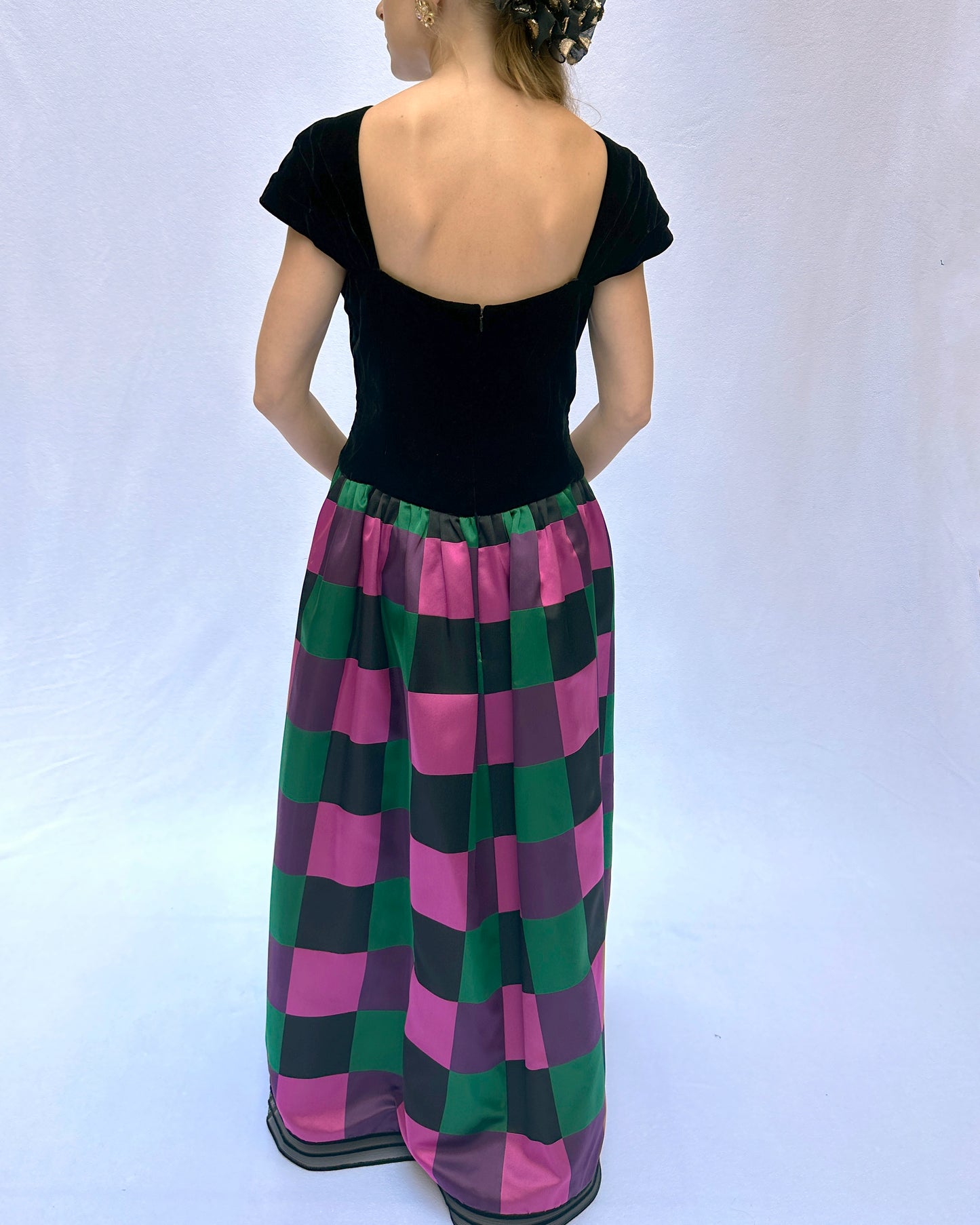 Vintage Sander Witlin Couture Velvet Bodice Harlequin Silk Gown