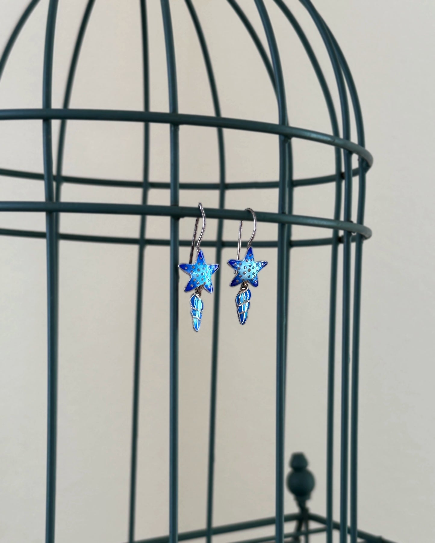 Vintage Enamel + Sterling Silver Seashell Earrings