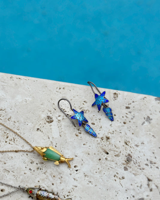 Vintage Enamel + Sterling Silver Seashell Earrings