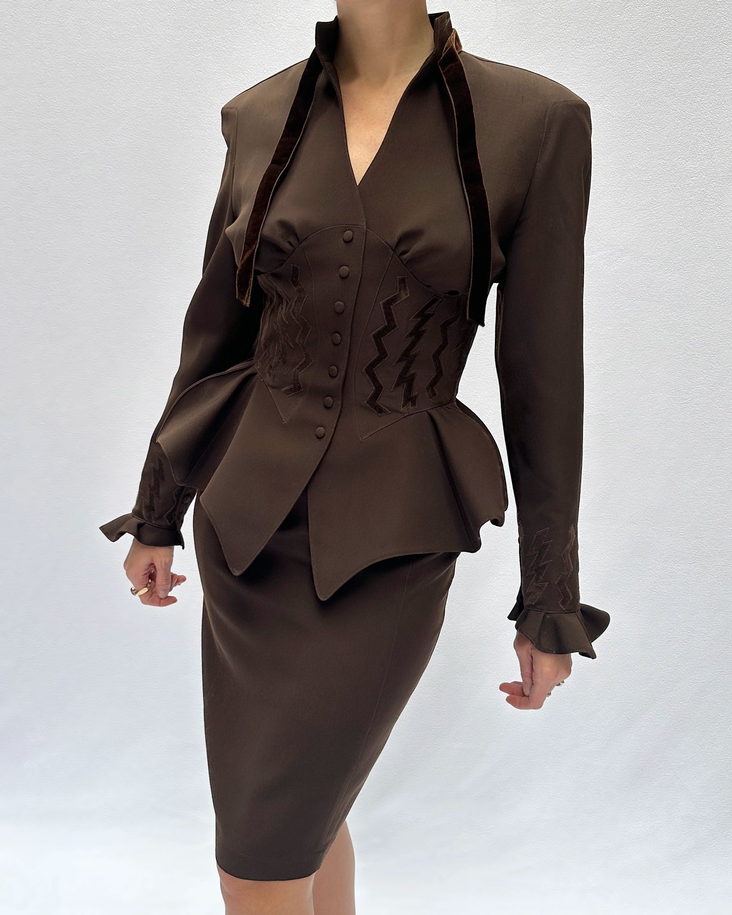 Thierry Mugler Fall 1992 Runway Velvet Trim Corset-Jacket And Skirt Suit