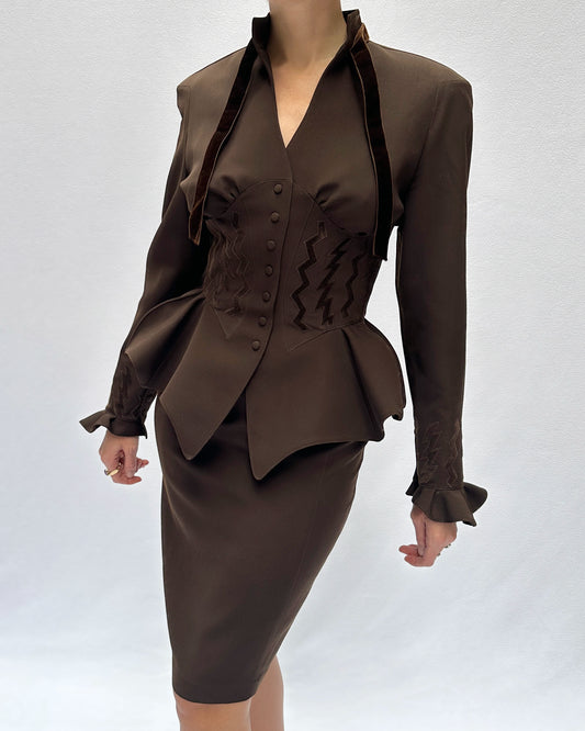 Thierry Mugler Fall 1992 Runway Velvet Trim Corset-Jacket And Skirt Suit