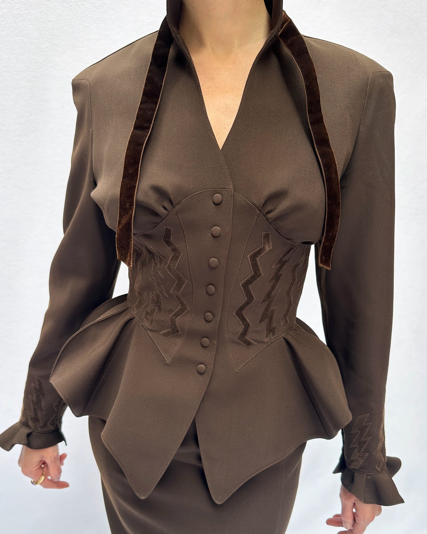 Thierry Mugler Fall 1992 Runway Velvet Trim Corset-Jacket And Skirt Suit