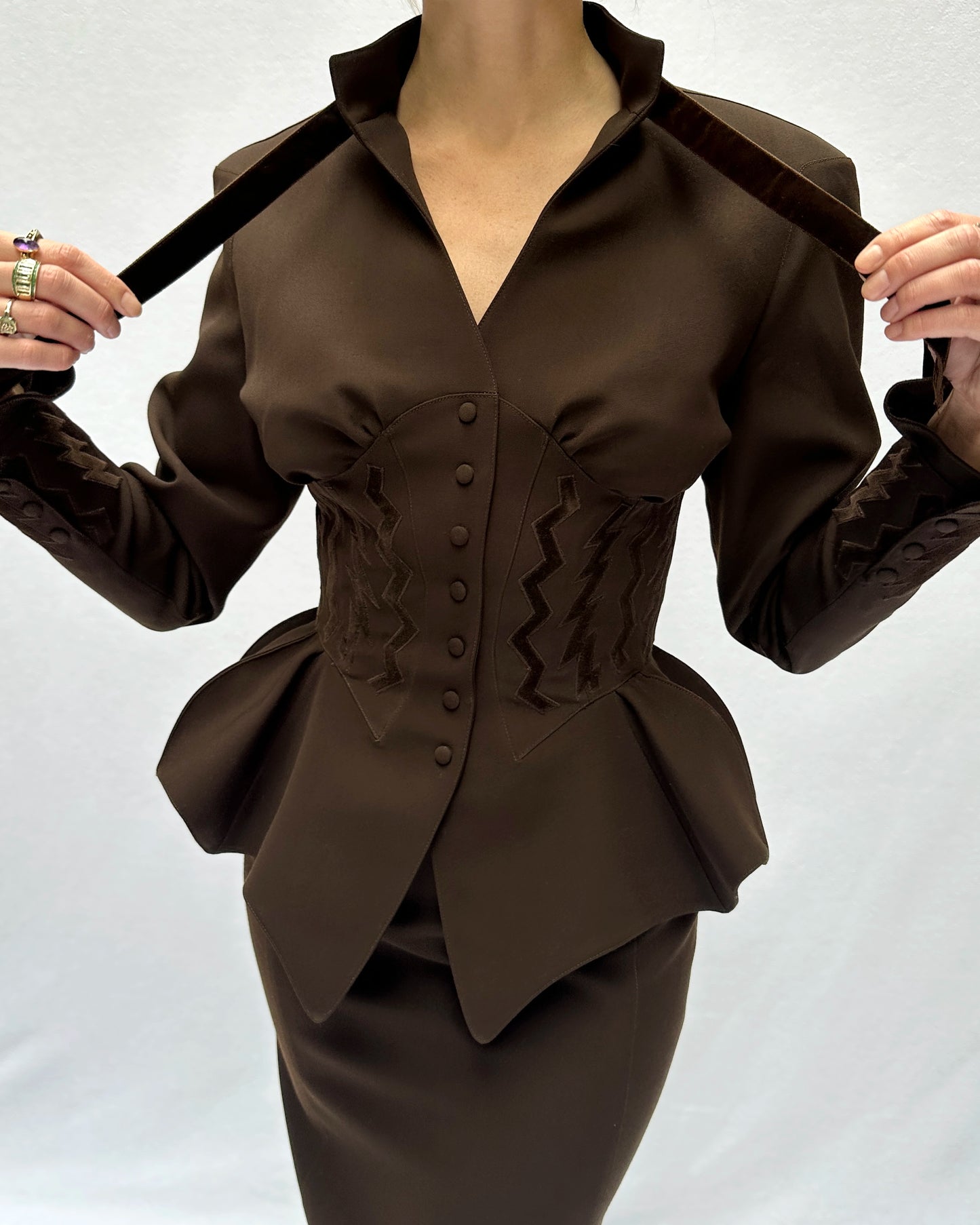 Thierry Mugler Fall 1992 Runway Velvet Trim Corset-Jacket And Skirt Suit