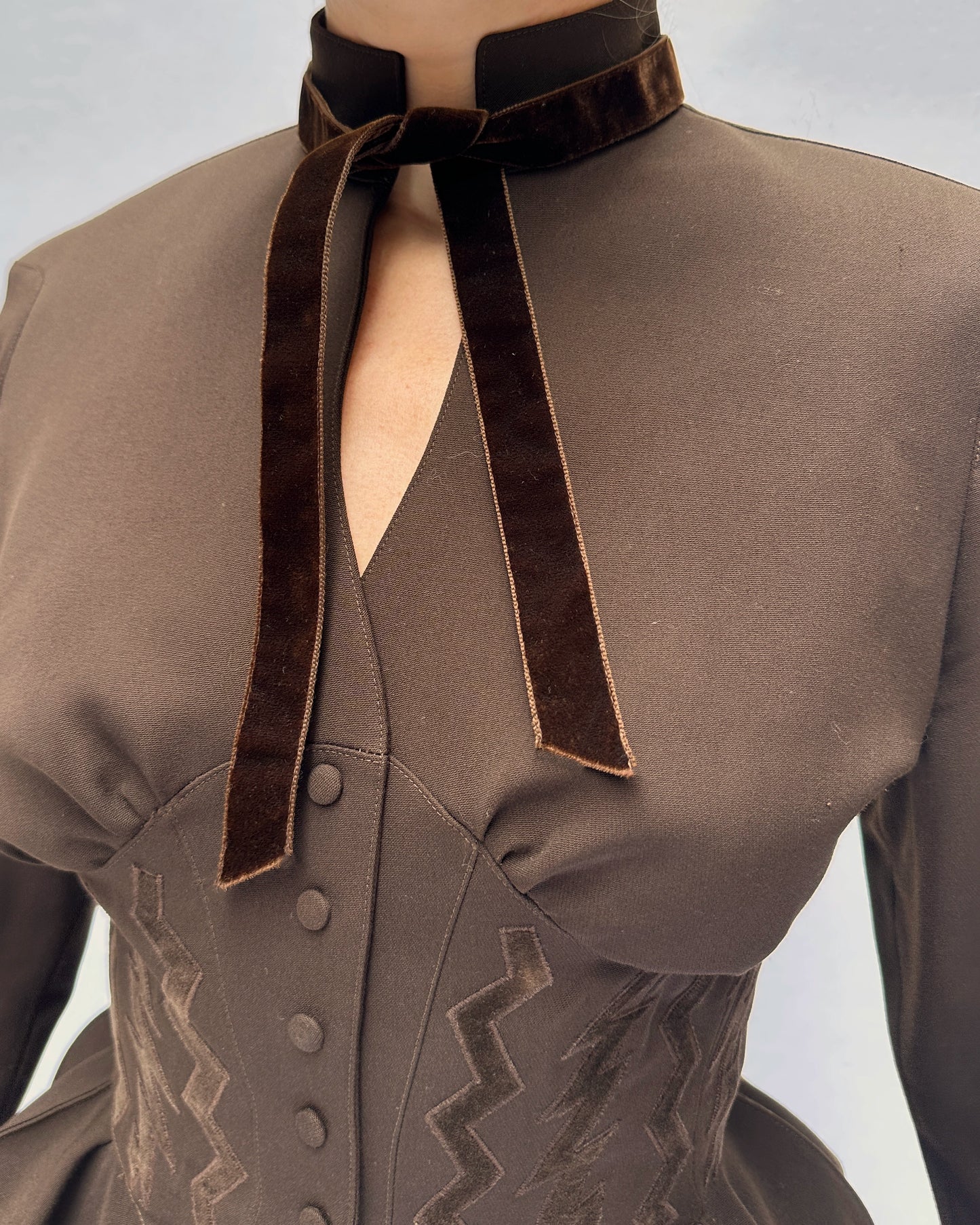 Thierry Mugler Fall 1992 Runway Velvet Trim Corset-Jacket And Skirt Suit