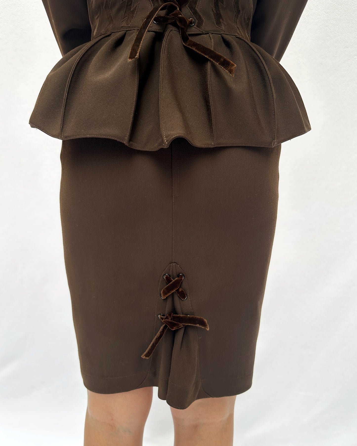 Thierry Mugler Fall 1992 Runway Velvet Trim Corset-Jacket And Skirt Suit