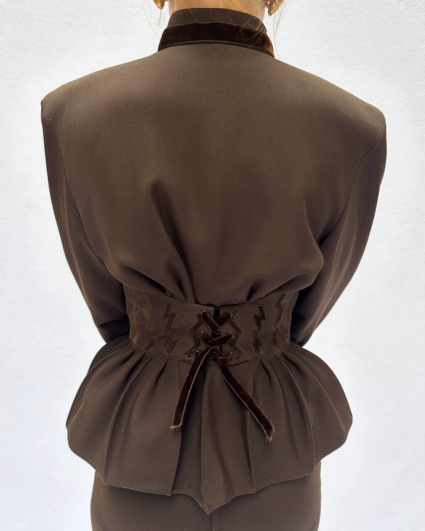 Thierry Mugler Fall 1992 Runway Velvet Trim Corset-Jacket And Skirt Suit