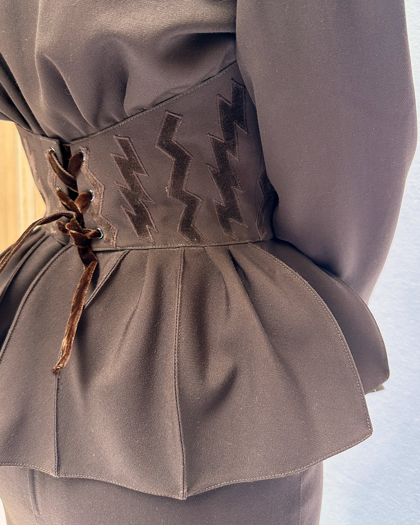 Thierry Mugler Fall 1992 Runway Velvet Trim Corset-Jacket And Skirt Suit