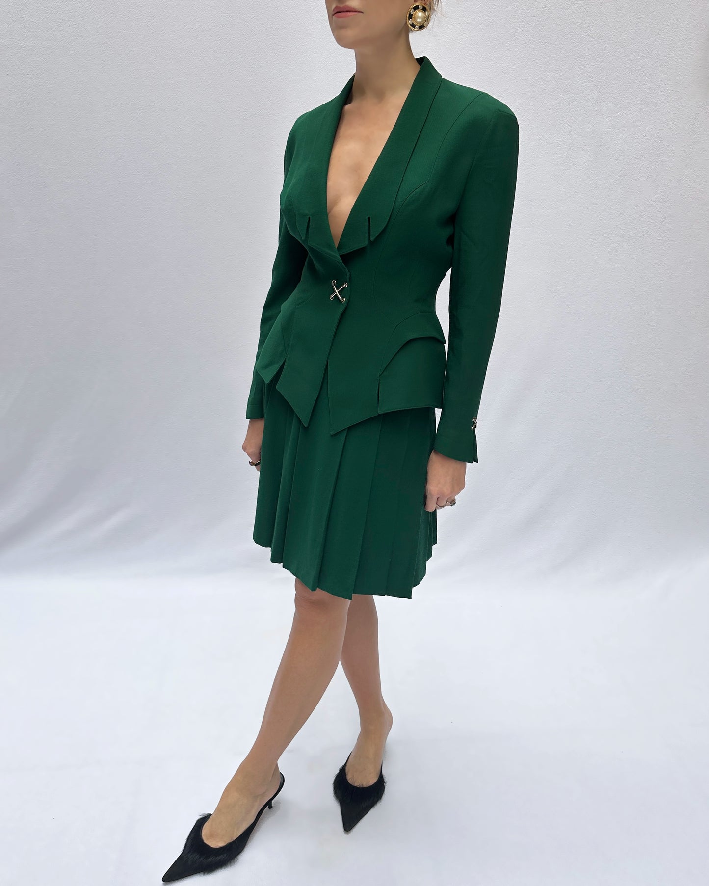 Vintage Thierry Mugler Fall 1992 Emerald Jacket + Pleated Skirt Suit