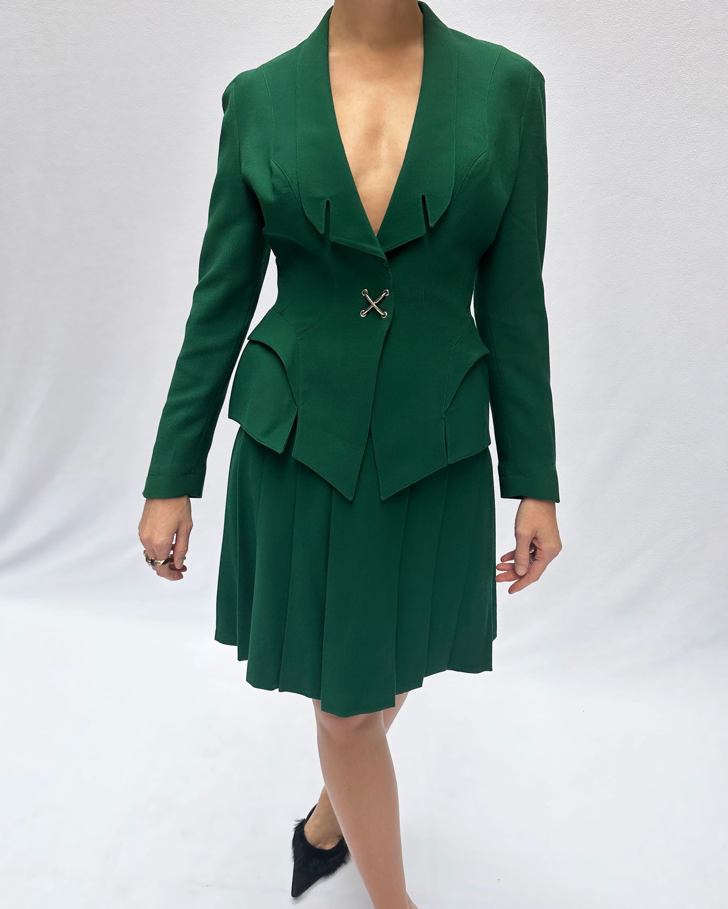 Vintage Thierry Mugler Fall 1992 Emerald Jacket + Pleated Skirt Suit